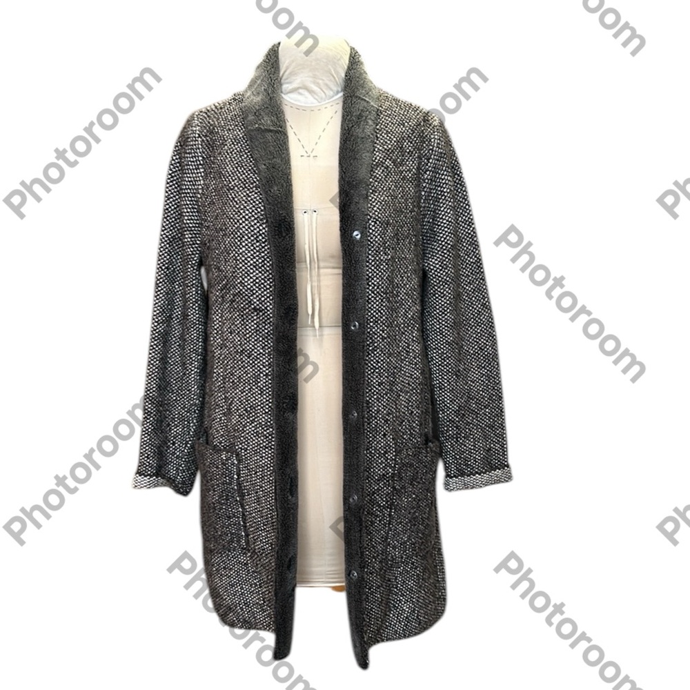 J. Jill Soft Tweed Cardigan Duster Open Button Front Fleece Long Jacket Gray M